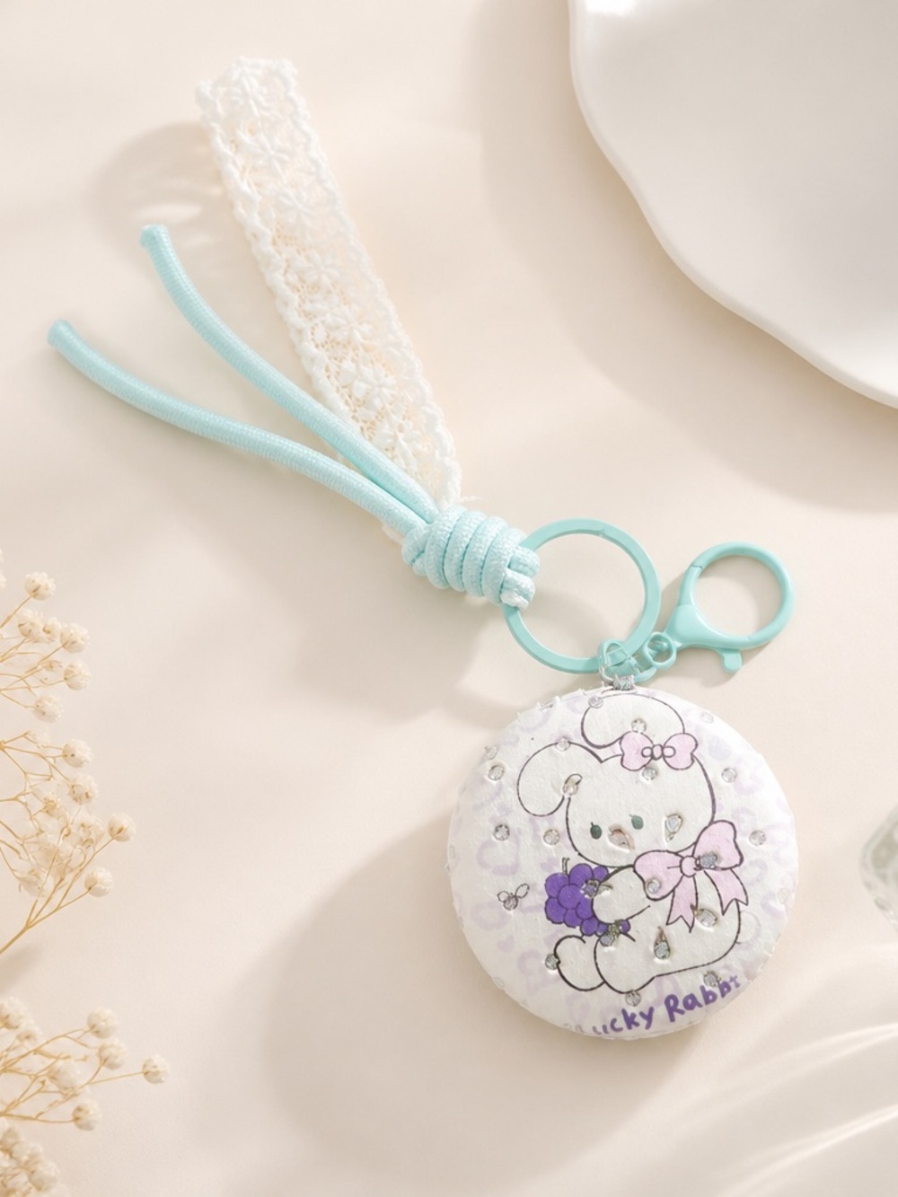 NWOT Sanrio Style Grape Bunny Pocket Mirror Keychain Lace & Rhinestone